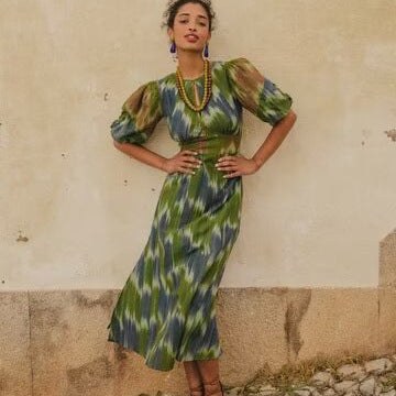 Deodata | Women's Puff Sleeve Ruched Elegant Modern Maxi Dress