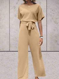 Deodata | Women's Wide-Leg Summer Two-Piece Set in Beige