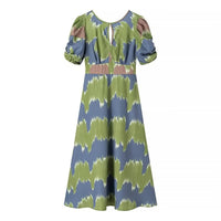 Deodata | Women's Puff Sleeve Ruched Elegant Modern Maxi Dress in Green