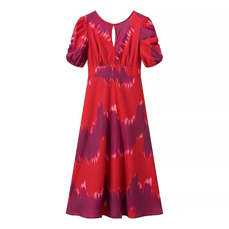 Deodata | Women's Puff Sleeve Ruched Elegant Modern Maxi Dress in Red
