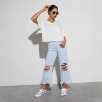 Desiree | Women's Wide Leg Fringe Jeans in Light Blue