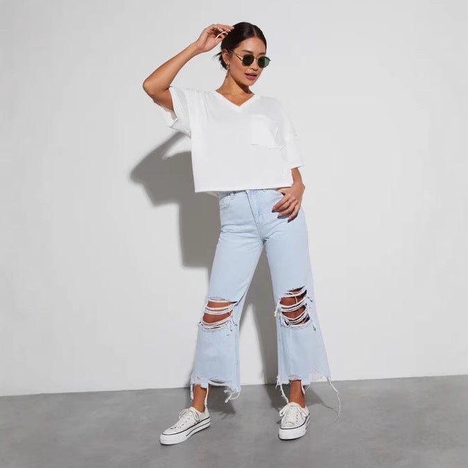 Desiree | Women's Wide Leg Fringe Jeans in Light Blue