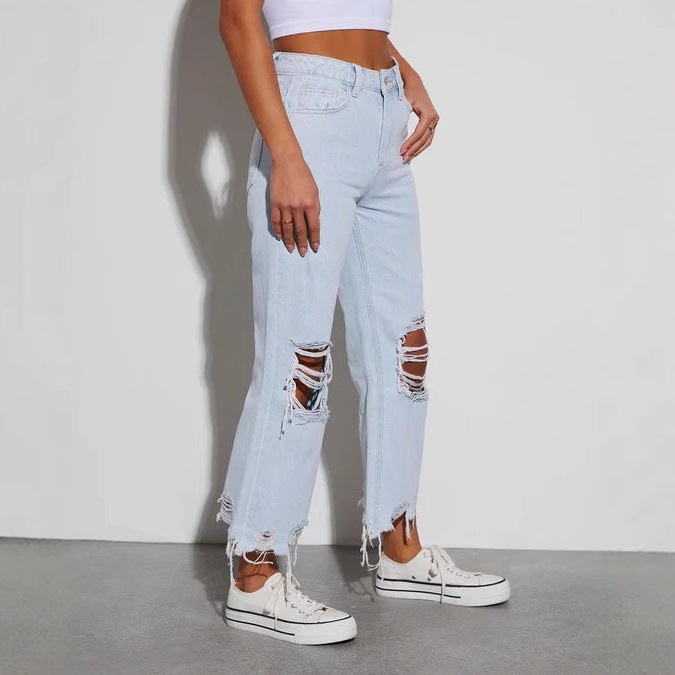 Desiree | Women's Wide Leg Fringe Jeans in Light Blue