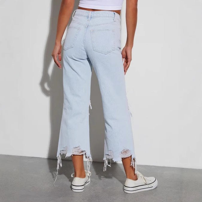 Desiree | Women's Wide Leg Fringe Jeans in Light Blue