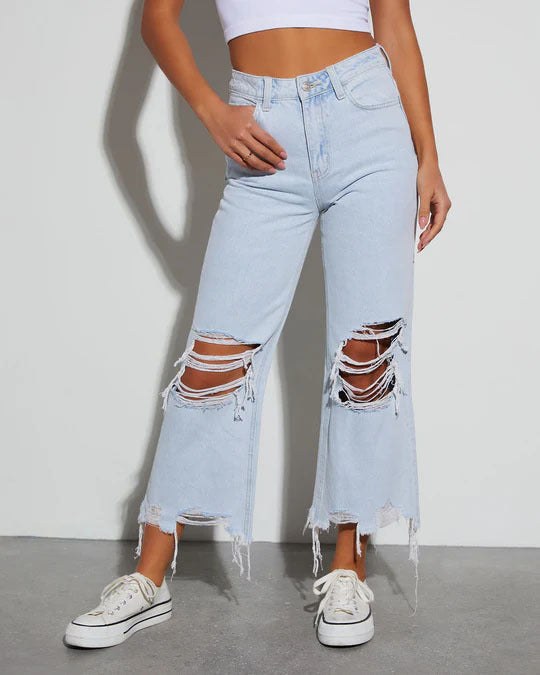 Desiree | Women's Wide Leg Fringe Jeans in Light Blue