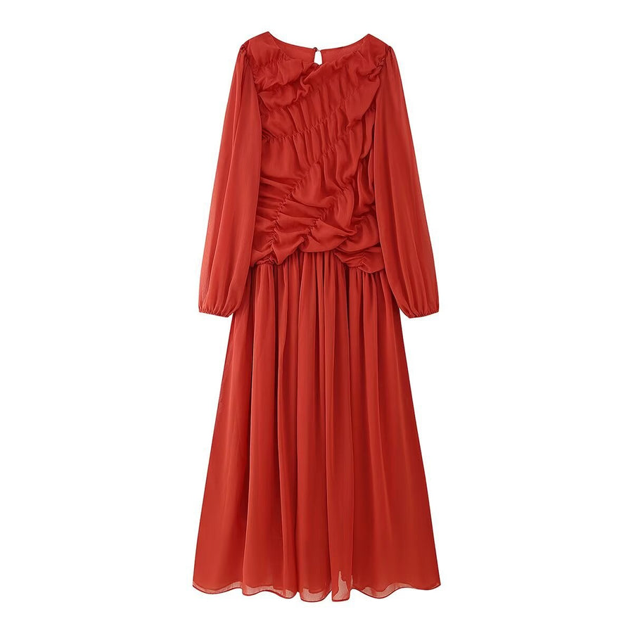 Despina | Women's Voluminous Ruched Elegant Maxi Dress in Orange
