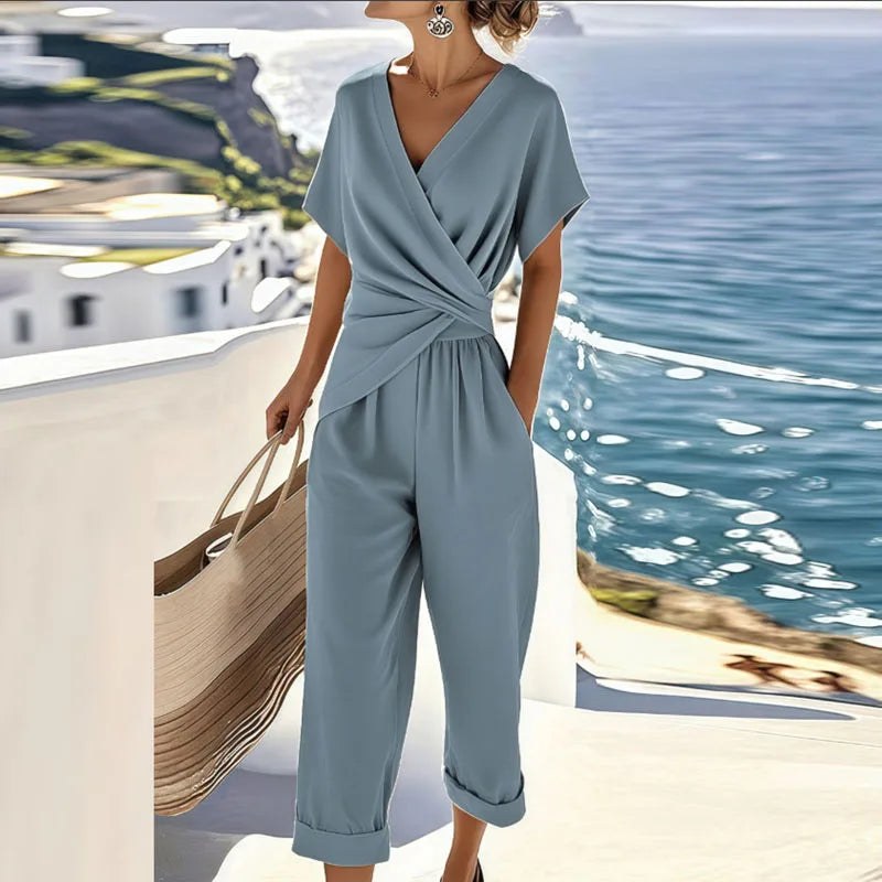 Devorah | Women's Wrap Top Pants Two-Piece Set in Blue