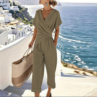 Devorah | Women's Wrap Top Pants Two-Piece Set in Khaki