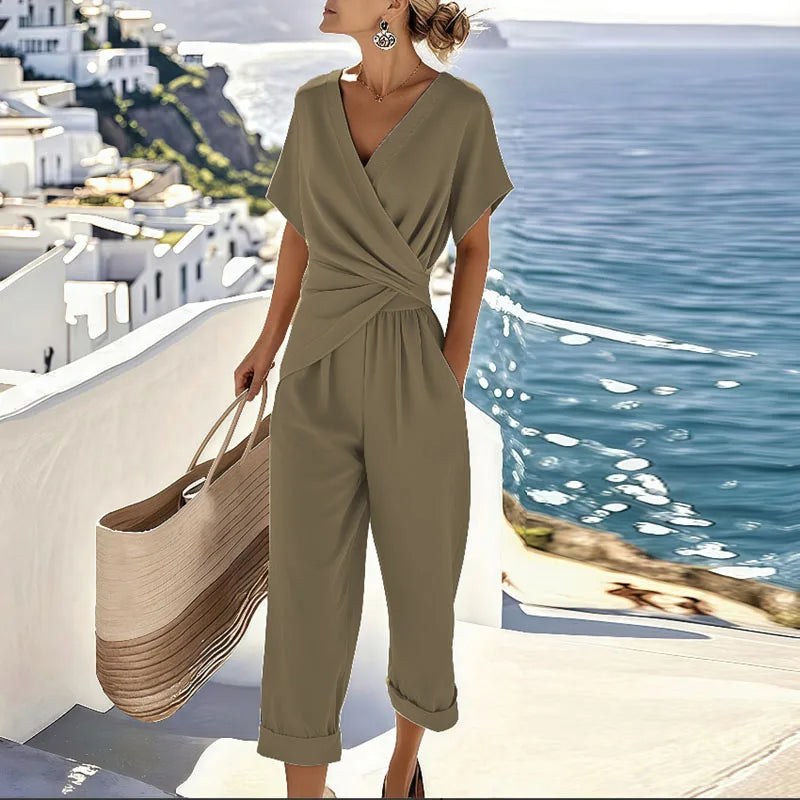 Devorah | Women's Wrap Top Pants Two-Piece Set in Khaki