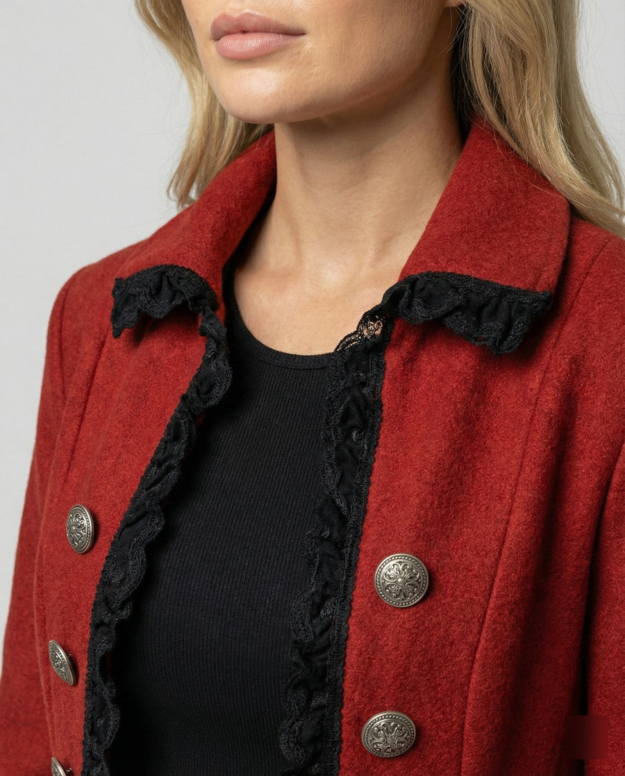 Devotia | Women's Ruffle Hooded Elegant Coat in Wine Red