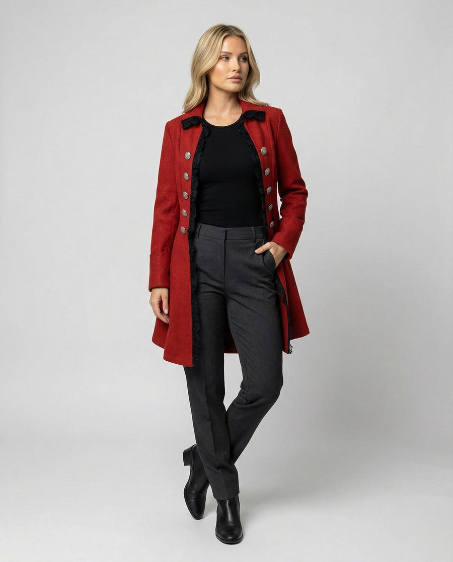Devotia | Women's Ruffle Hooded Elegant Coat in Wine Red
