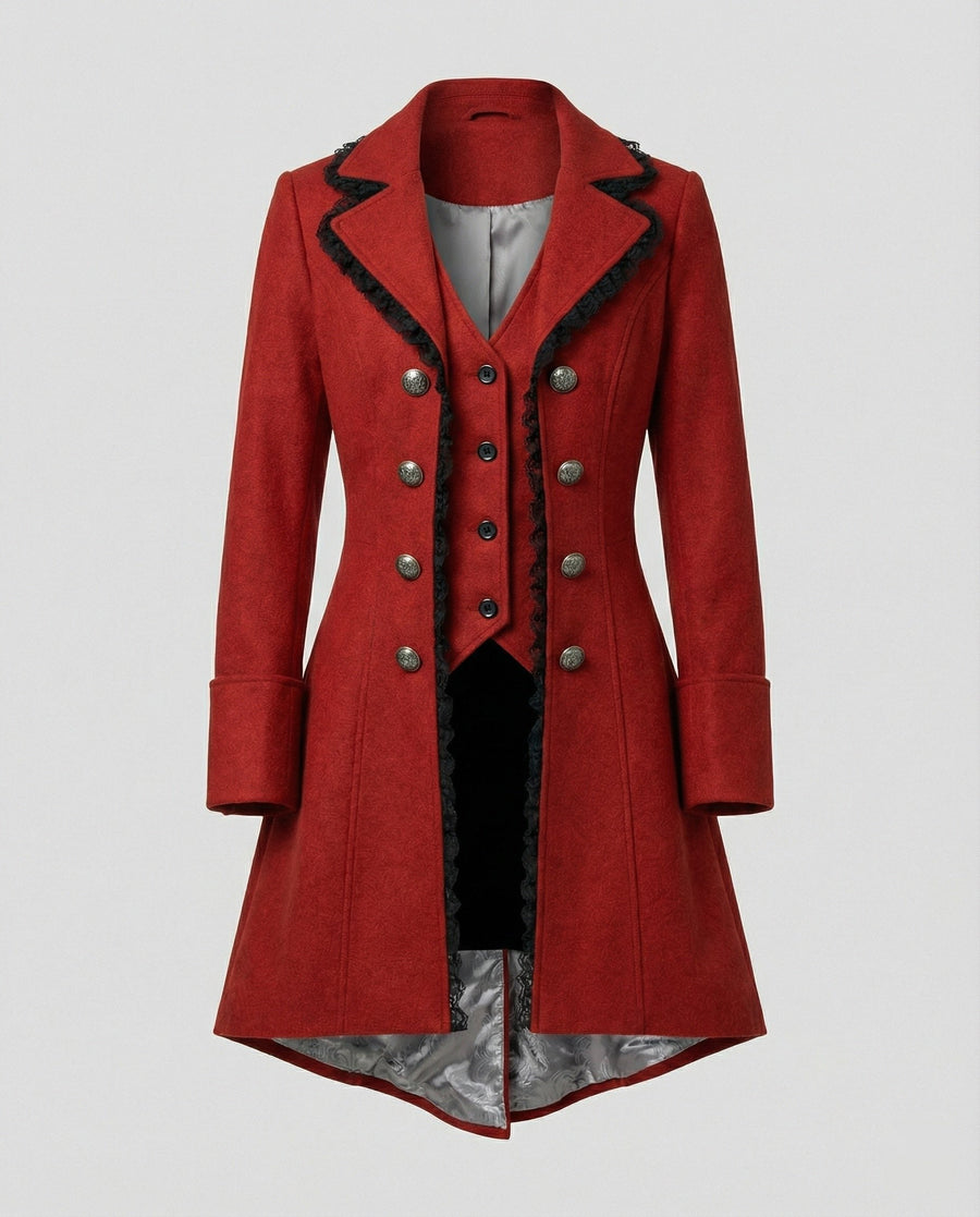 Devotia | Women's Ruffle Hooded Elegant Coat in Wine Red