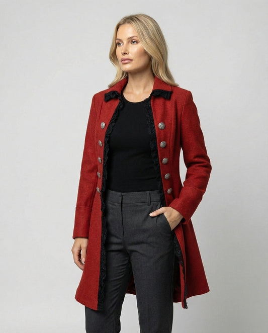 Devotia | Women's Ruffle Hooded Elegant Coat in Wine Red