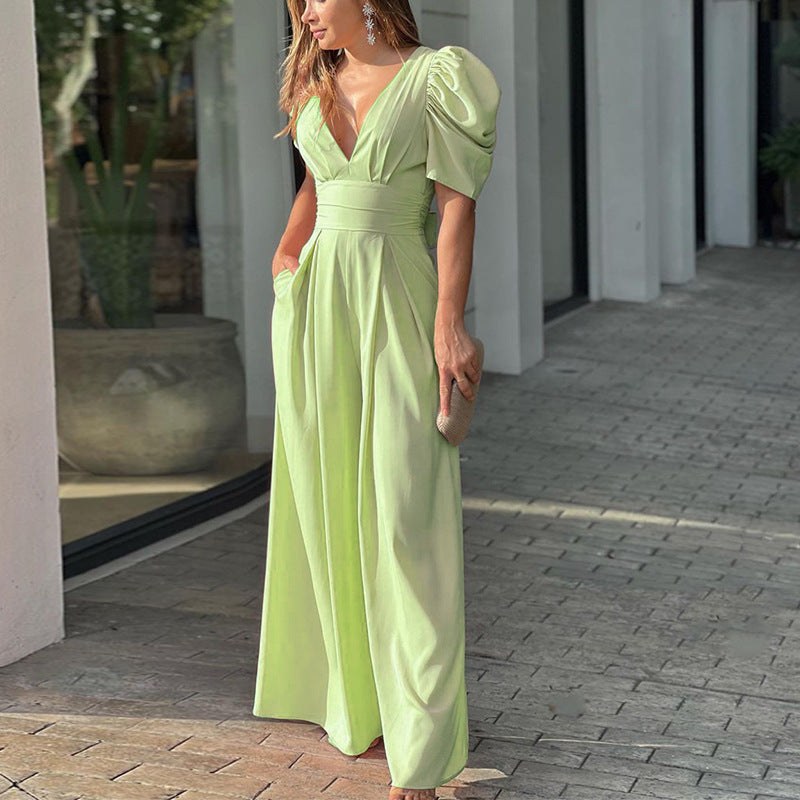 Diana | Women's V-Neck Voluminous Elegant Jumpsuit in Light Green