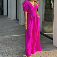 Diana | Women's V-Neck Voluminous Elegant Jumpsuit in Magenta