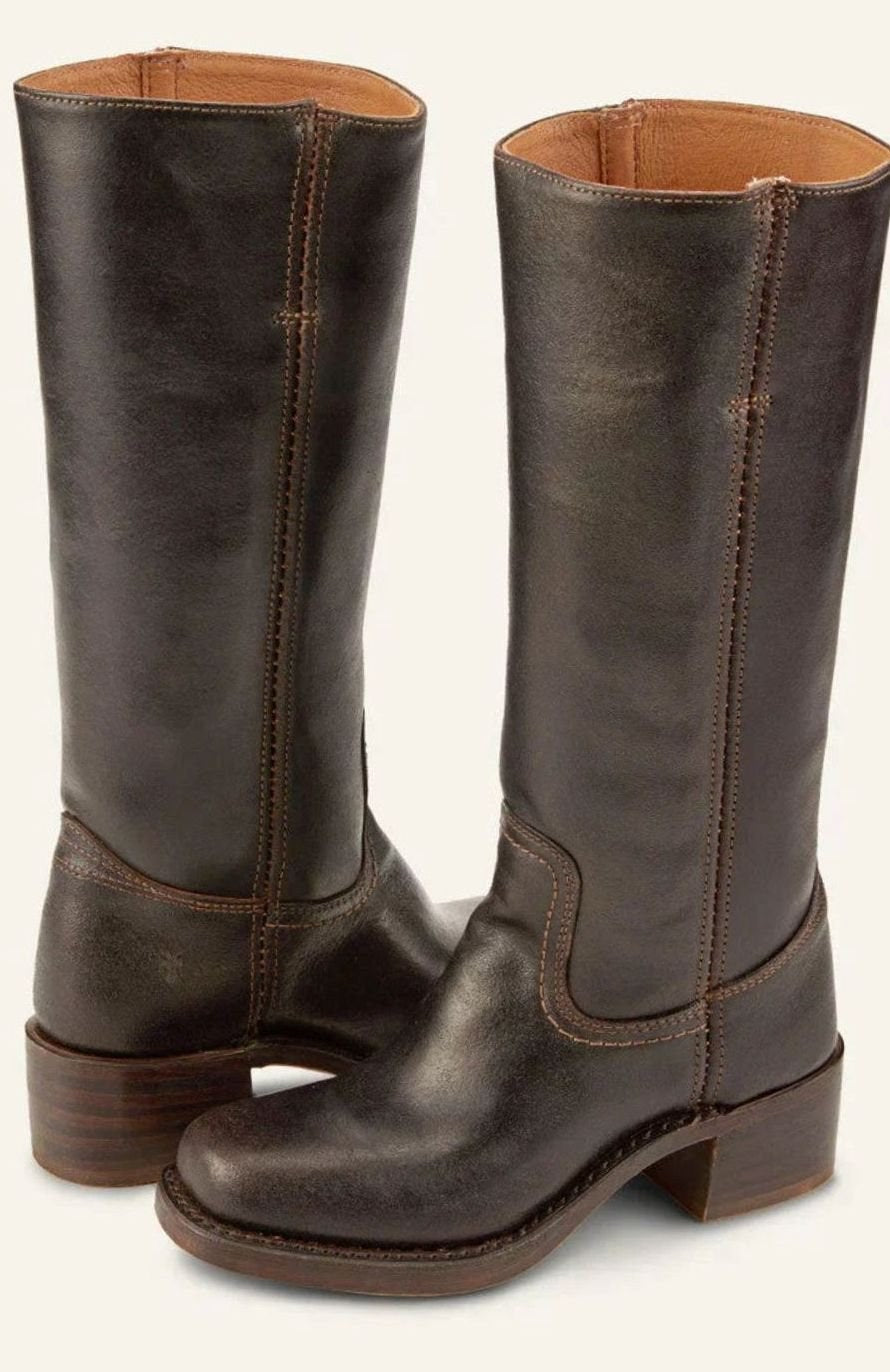 Diana | Women's Mid-Calf Slip-On Classic Western Boots Stacked Heel in Dark Brown