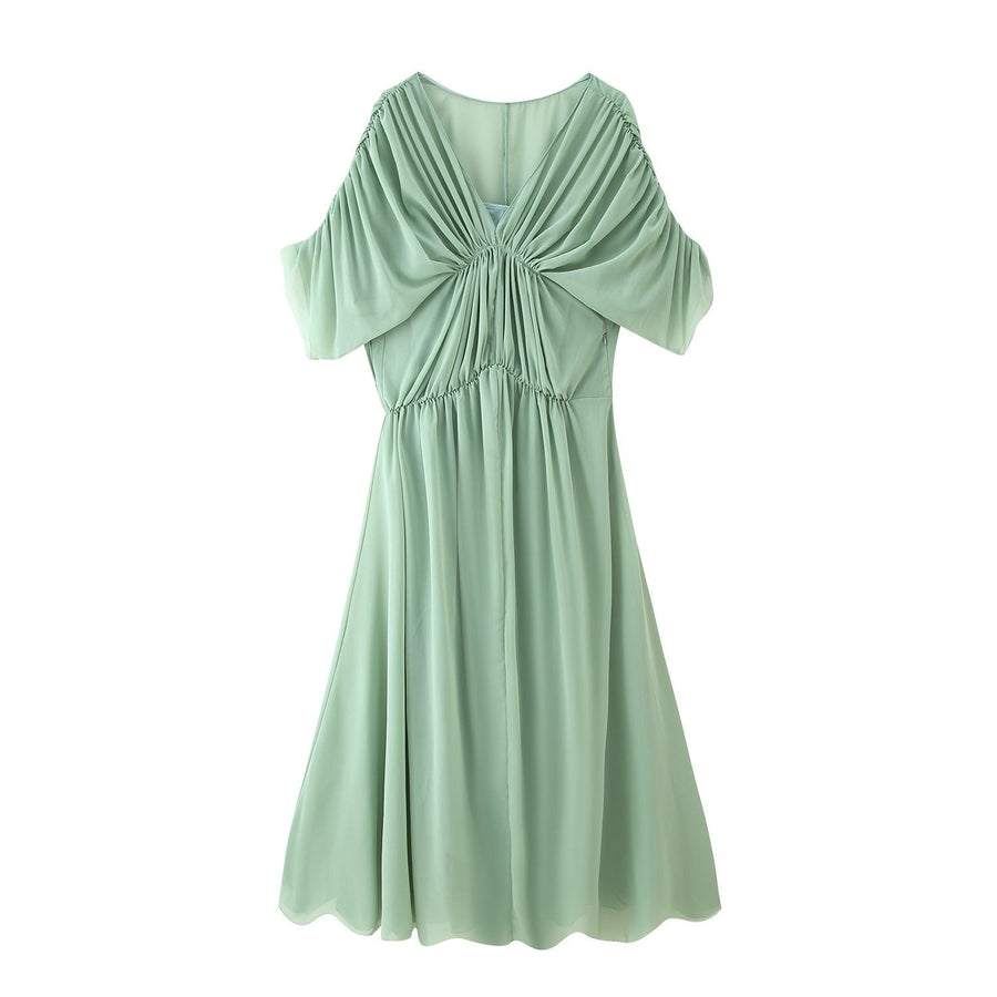 Dionysia | Women's Flowing Ruched Elegant Maxi Dress in Green