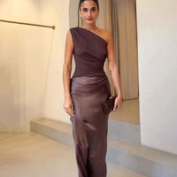 Dominique | Women's Elegant One-Shoulder Bodycon Maxi Dress in Dark Brown