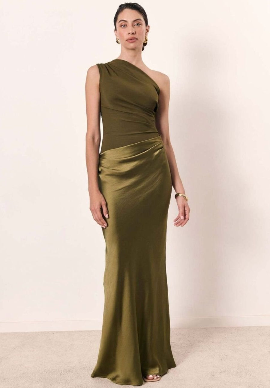 Dominique | Women's Elegant One-Shoulder Bodycon Maxi Dress in Matcha