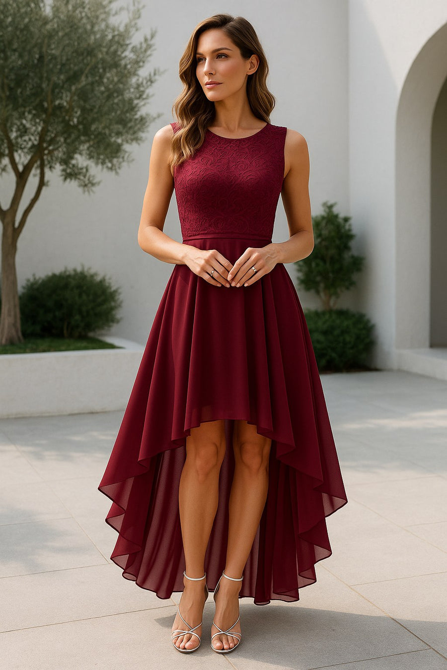 Donatella | Women's Sleeveless Wedding Guest Dress in Dark Red