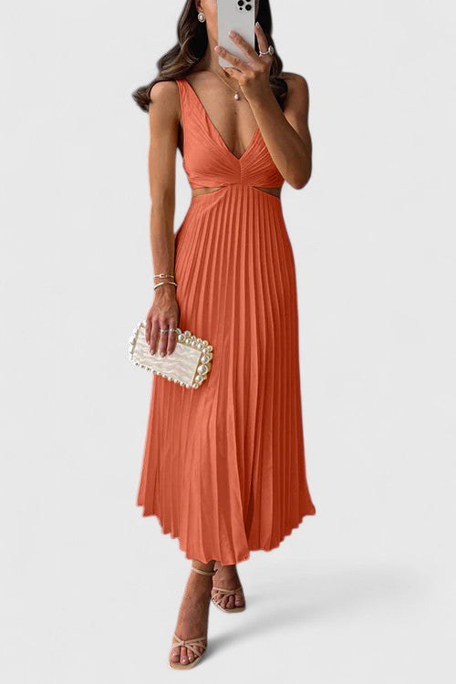 Doriane | Women's Sleeveless Pleated Wedding Guest Dress in Orange