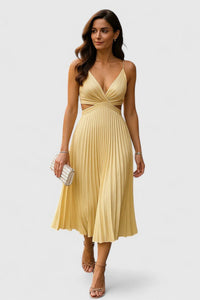 Doriane | Women's Sleeveless Pleated Wedding Guest Dress in Yellow