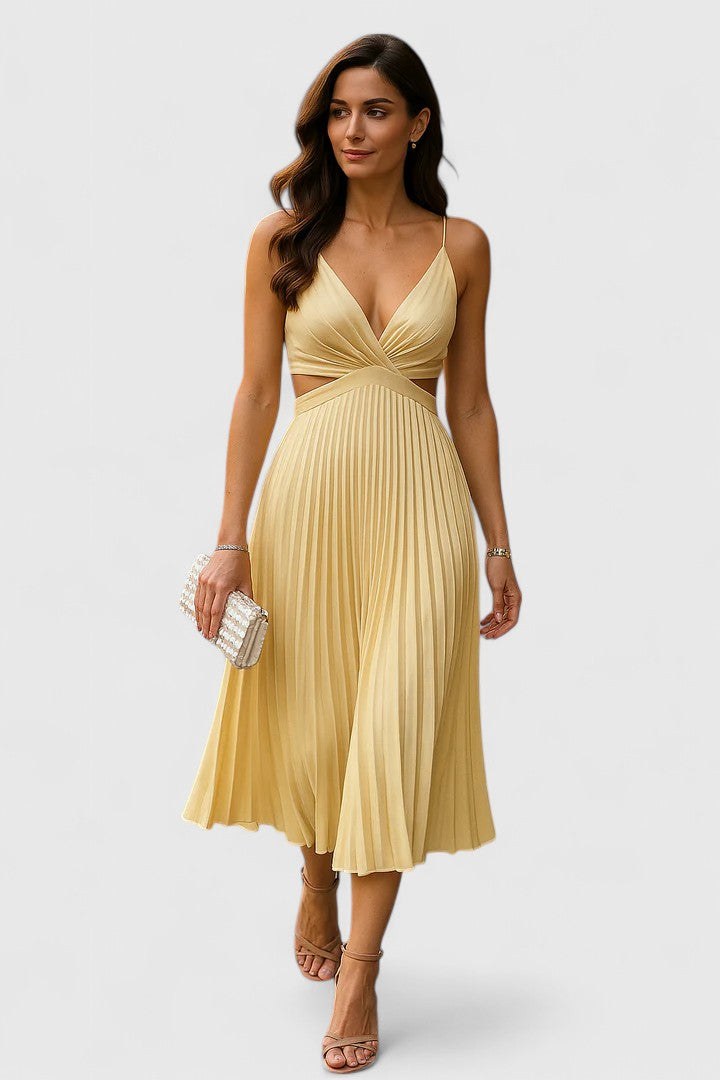 Doriane | Women's Sleeveless Pleated Wedding Guest Dress in Yellow