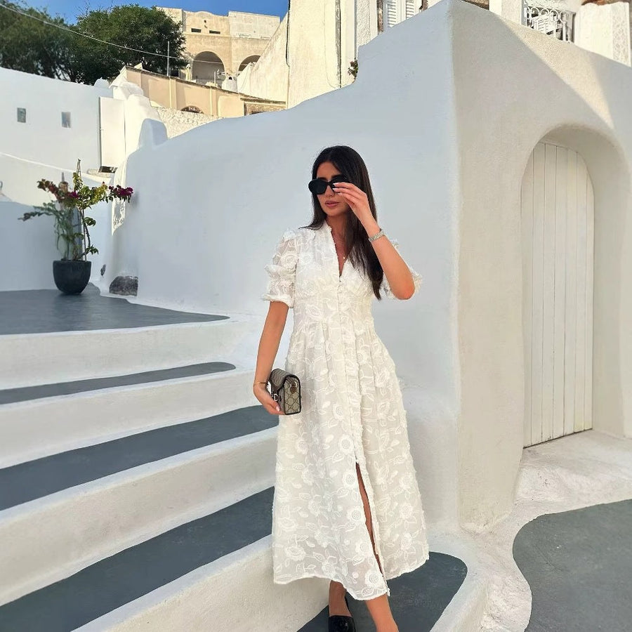 Dorienne | Women's Puff Sleeve Floral Elegant Maxi Dress in White
