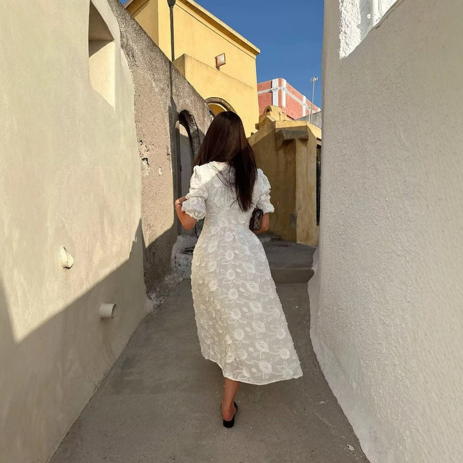 Dorienne | Women's Puff Sleeve Floral Elegant Maxi Dress in White