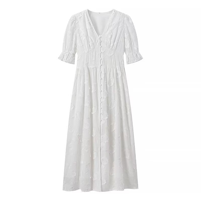 Dorienne | Women's Puff Sleeve Floral Elegant Maxi Dress in White