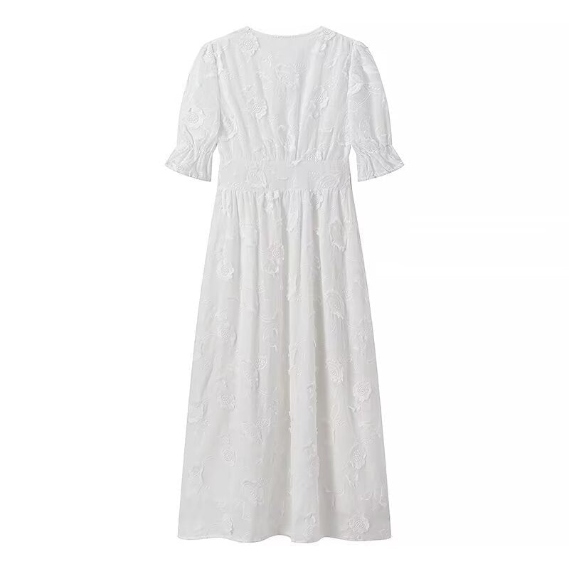 Dorienne | Women's Puff Sleeve Floral Elegant Maxi Dress in White