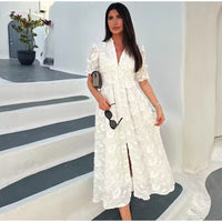 Dorienne | Women's Puff Sleeve Floral Elegant Maxi Dress in White