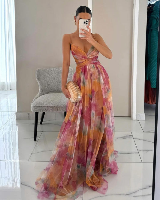 Dorinda | Women's V-neckline Fitted Bodice Maxi Dress in Orange