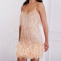 Doris | Women's Sequin Feather Fringe Mini Cocktail Dress in Beige