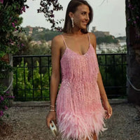 Doris | Women's Sequin Feather Fringe Mini Cocktail Dress in Light Pink