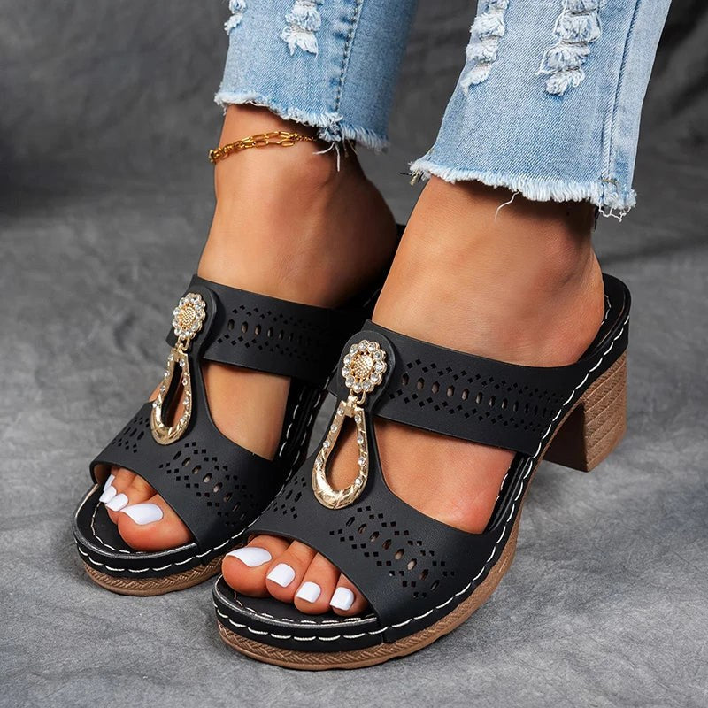 Dorothea | Women's Cutout Strap Wedge Shoes Sandals in Black