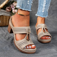 Dorothea | Women's Cutout Strap Wedge Shoes Sandals in Khaki