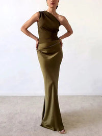 Duscha | Women's Asymmetric Pleated Wedding Guest Maxi Dress in Dark Green