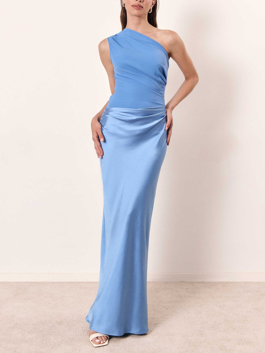 Duscha | Women's Asymmetric Pleated Wedding Guest Maxi Dress in Light Blue