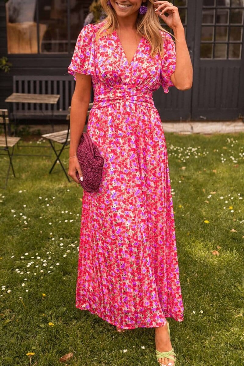 Ealasaid | Women's Casual Floral Wedding Guest Maxi Dress in Dark Pink