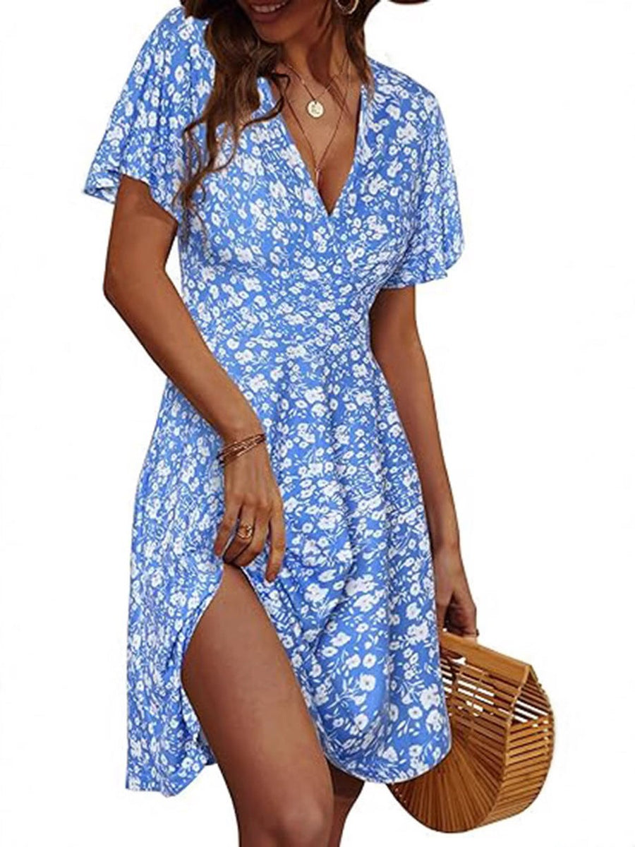 Ebba | Women's Short Sleeve Floral Summer Dress in Dark Blue