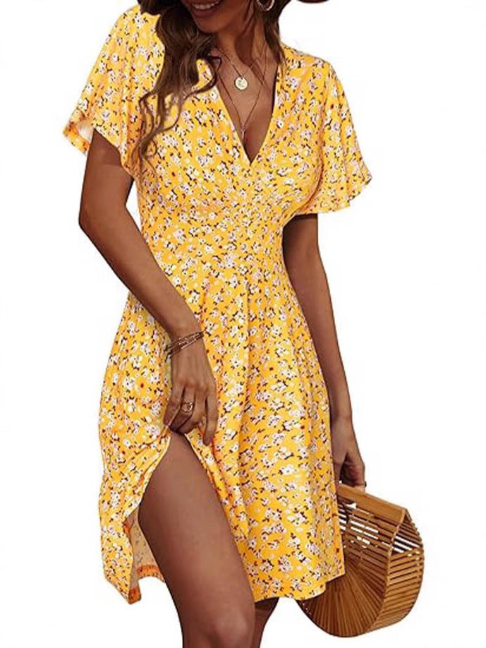 Ebba | Women's Short Sleeve Floral Summer Dress in Yellow