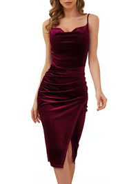 Ebba | Women's Ruched Satin Elegant Wrap Dress in Wine Red