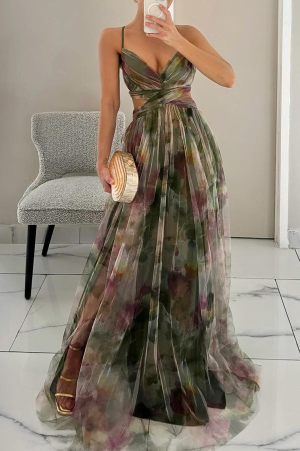 Ebbaline | Women's Floral Pleated Wedding Guest Maxi Dress in Green