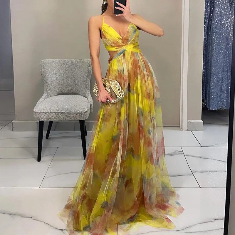 Ebbaline | Women's Floral Pleated Wedding Guest Maxi Dress in Yellow