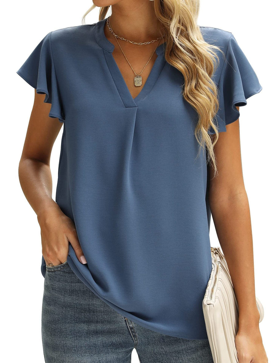 Edda | Women's Ruffle Detail Short Sleeve Fashionable Blouse in Blue