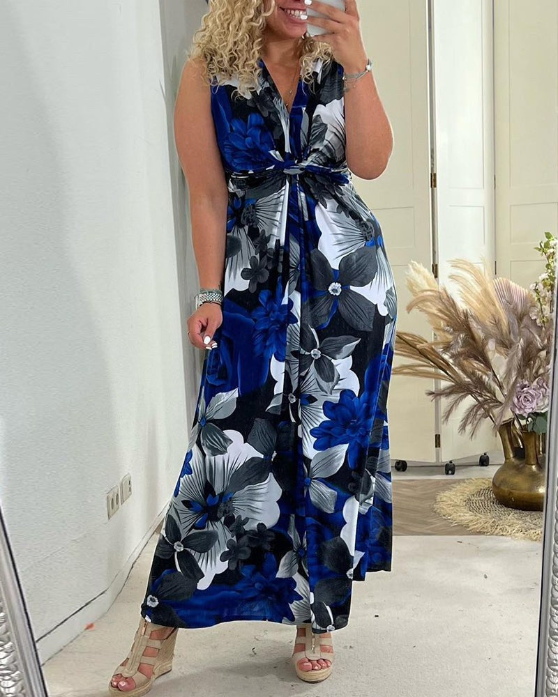 Edelmira | Women's Floral Pleated Wedding Guest Maxi Dress in Blue