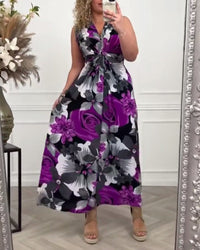 Edelmira | Women's Floral Pleated Wedding Guest Maxi Dress in Purple