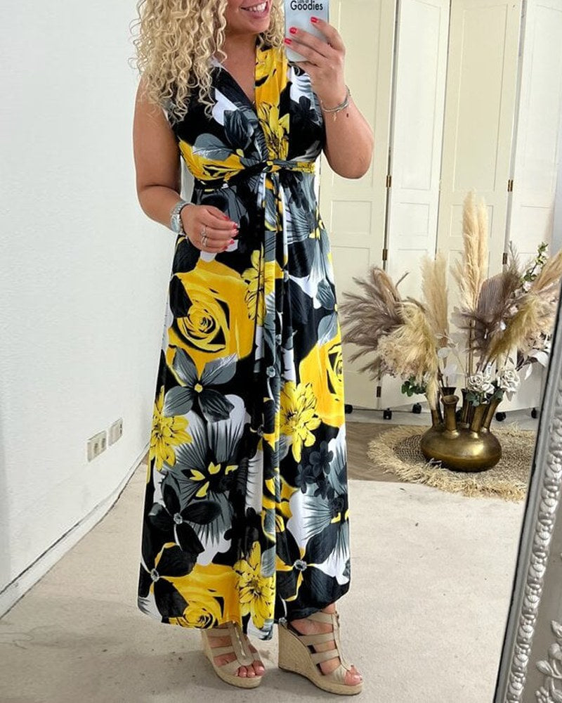 Edelmira | Women's Floral Pleated Wedding Guest Maxi Dress in Yellow