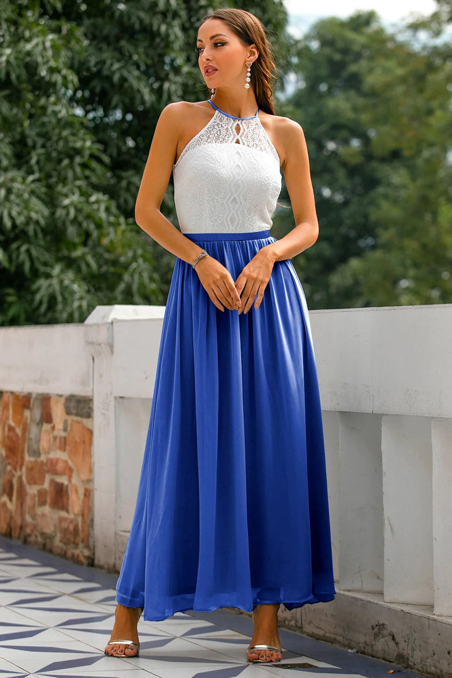 Edeva | Women's Halter Wedding Guest Maxi Dress in Blue
